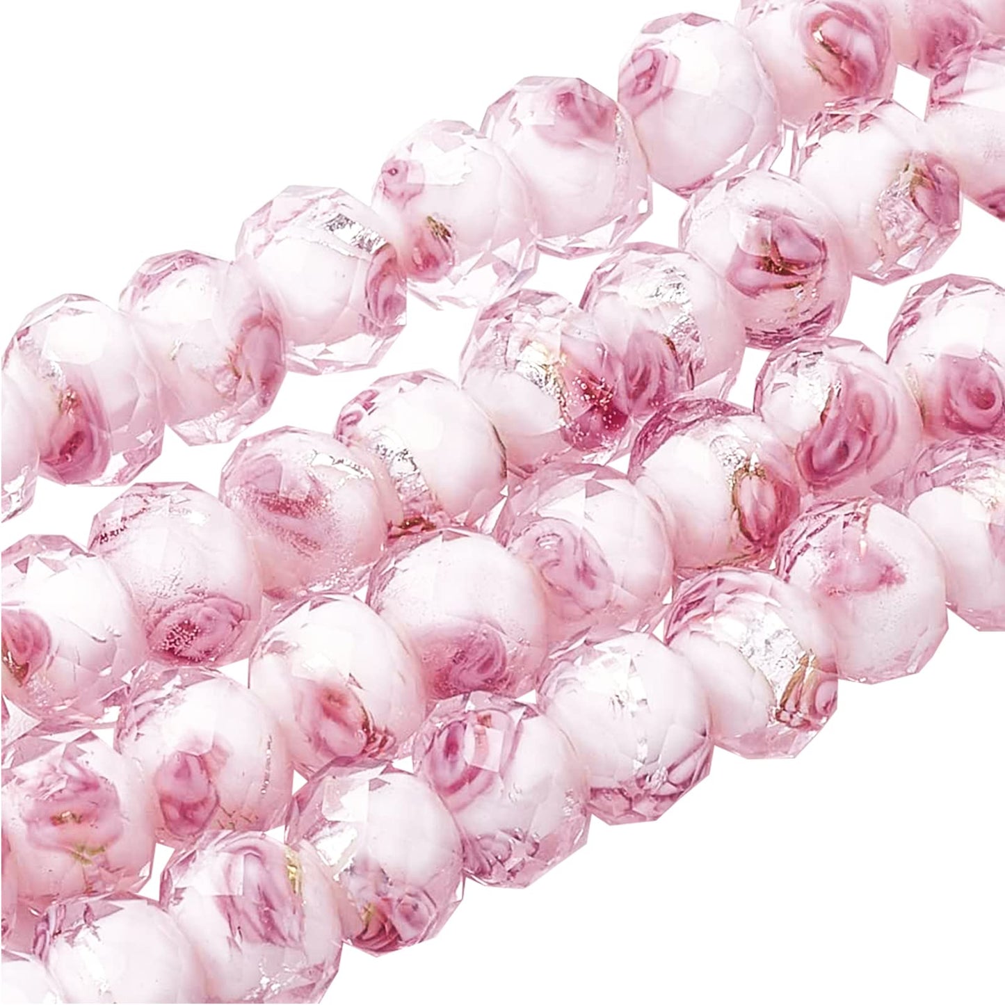 PH PandaHall 70pcs 6~8mm Rose Lampwork Beads Silver Foil Glass Beads Flower Glass Beads Floral Handmade Lampwork Beads Round Loose Beads for Rosary Making Jewelry Craft Making 2mm Hole - Sliver Pink