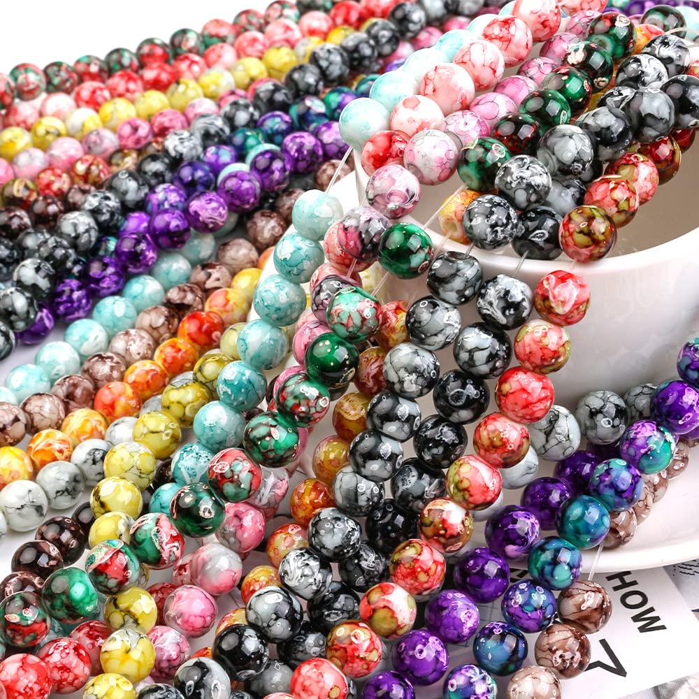 Glass Beads for Jewelry Making, 600pcs 8mm Glass Crystal Pattern Beads 24 Colors Snowflake Marble Gemstone Beads Imitation Jade Craft Charms for DIY Earrings Necklace Bracelet (Snowflake Crystal Bead)