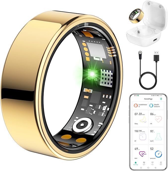 Ring Health Tracker for Women Men, Fit Ring with Heart Rate, Blood Oxygen, Sleep Monitor, Calories, Step Counter, IP68 Waterproof Smart Ring for iPhone & Android, No Subscription Fee (Gold, 14#)