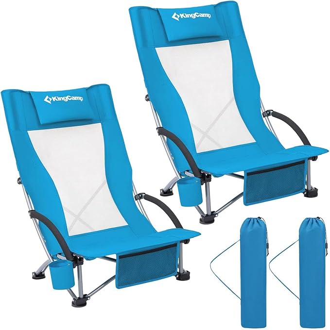 KingCamp Low Beach Chairs, Portable Folding Chair for Adults Extra Wide Ergonomic High Back Seat 300lbs Heavy Duty Lightweight Oversized Gear with Carry Bag for Outdoor Lawn Camping Picnic