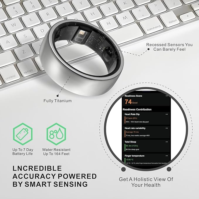 Smart Ring, Activity Trackers, Sleep Ring, Fitness Tracking, Stress Tracker, Heart Rate, Meditation, Temperature, Respiratory, No App Subscription, Women, Men, iOS, Android (Silver, 9)