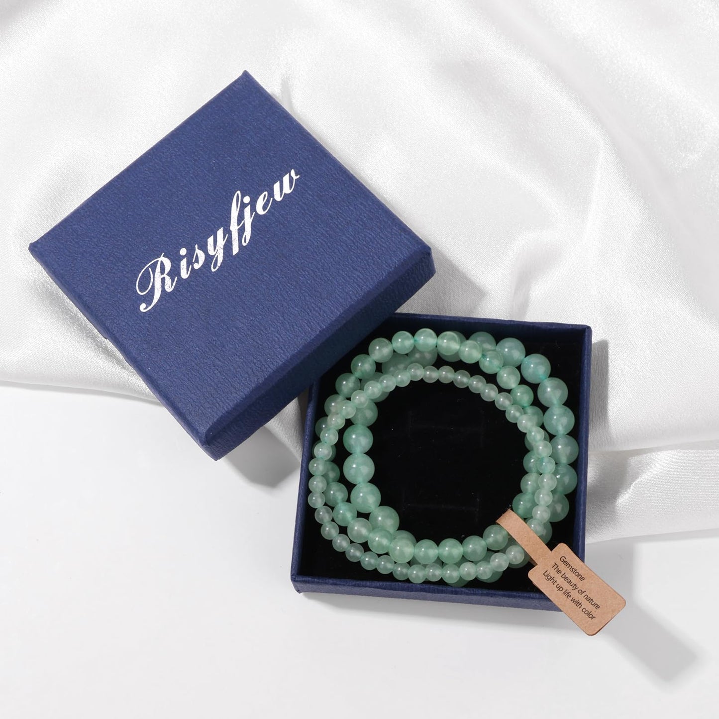 Risyfjew 3 PCS Natural Stone Green Aventurine Beaded Bracelet 4mm 6mm 8mm Healing Crystal Stretch Bracelets Women Green Aventurine Crystal Gifts for Women