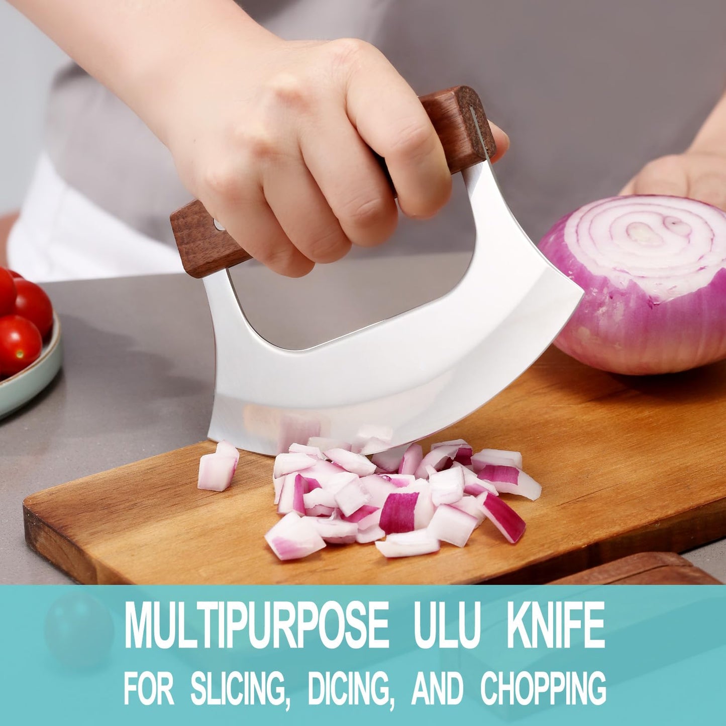Coowolf Ulu Knife - Sharp Rocker Mezzaluna Knife with Stand for Cutter Pizza, Meat, Vegetables, Herb, Salad, Stainless Steel Blade, Walnut Wood Handle, Kitchen Essentials Accessories and Gadgets Tools
