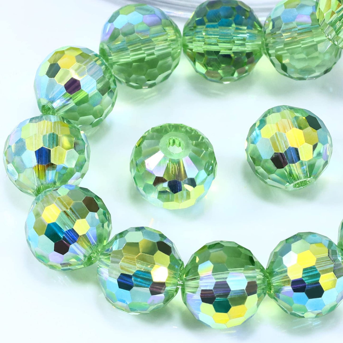 Dowarm 10MM Round Crystal Beads for Jewelry Making, Faceted Crystal Glass Beads for Crafts Bracelet Wind Chimes Suncatcher, #5003 Rondelle Spacer Beads, Loose Gemstones, 50PCS, Light Green AB
