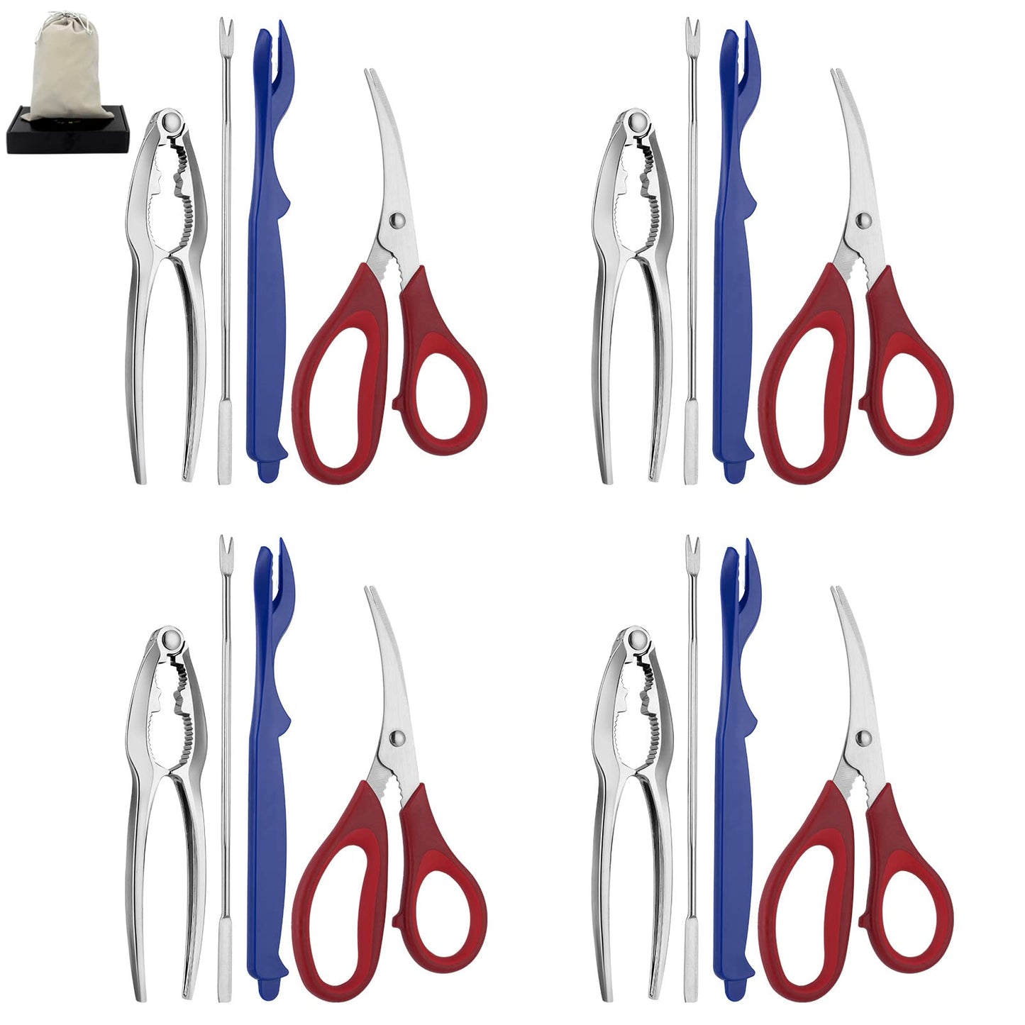 Seafood Tools Set includes 4 Crab Crackers 4 Seafood Fork 4 Lobster Crackers 4 Seafood Scissors -Nut Cracker and Storage Bag（17 Piece ）