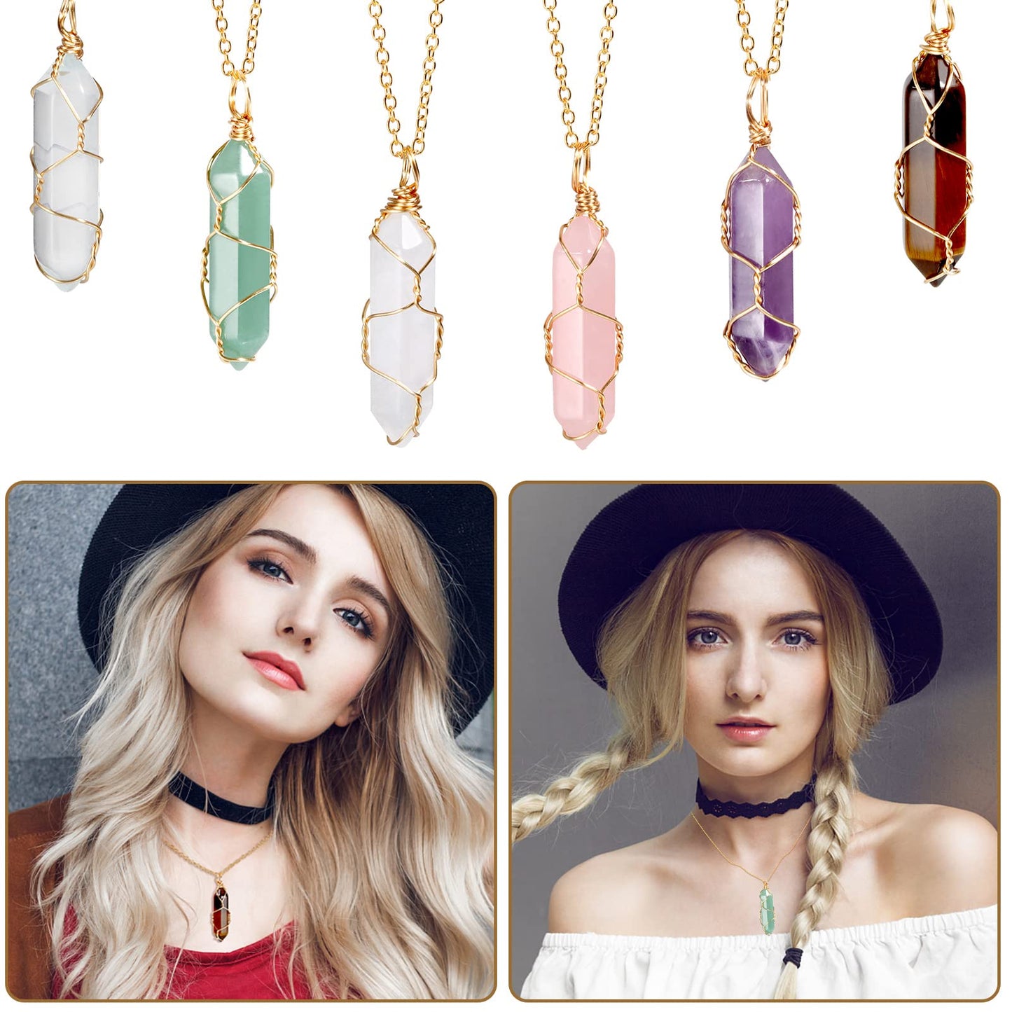 17Pcs Healing Crystals Stones Sets, Hexagonal Bullet Shaped Reiki Meditation Gemstone Chakra Stones Tiger Eye Obsidian Quartz Crystals Gemstone Wand Set Pendants with Storage Box