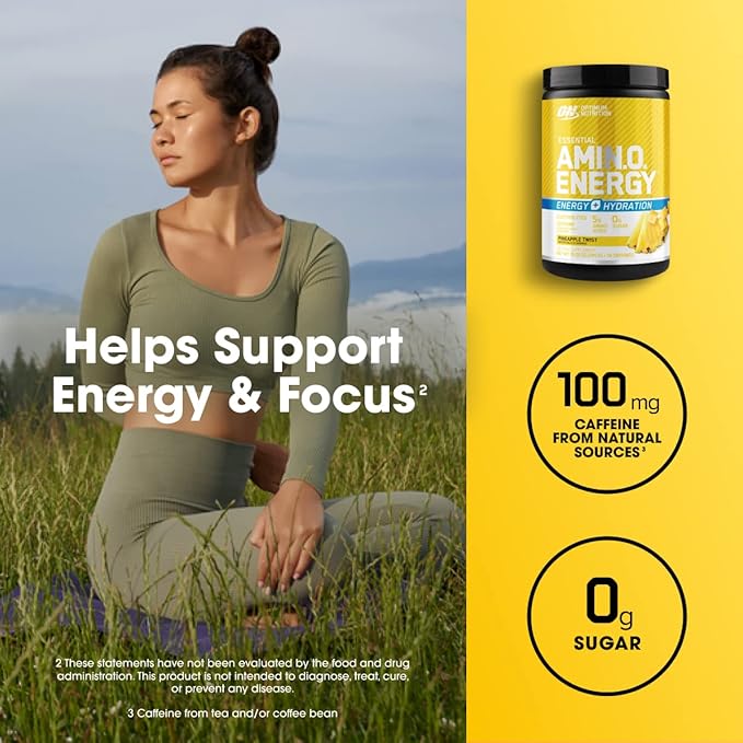 Optimum Nutrition Amino Energy Powder Plus Hydration, with BCAA, Electrolytes, and Caffeine, Pineapple Twist, 30 Servings (Packaging May Vary)