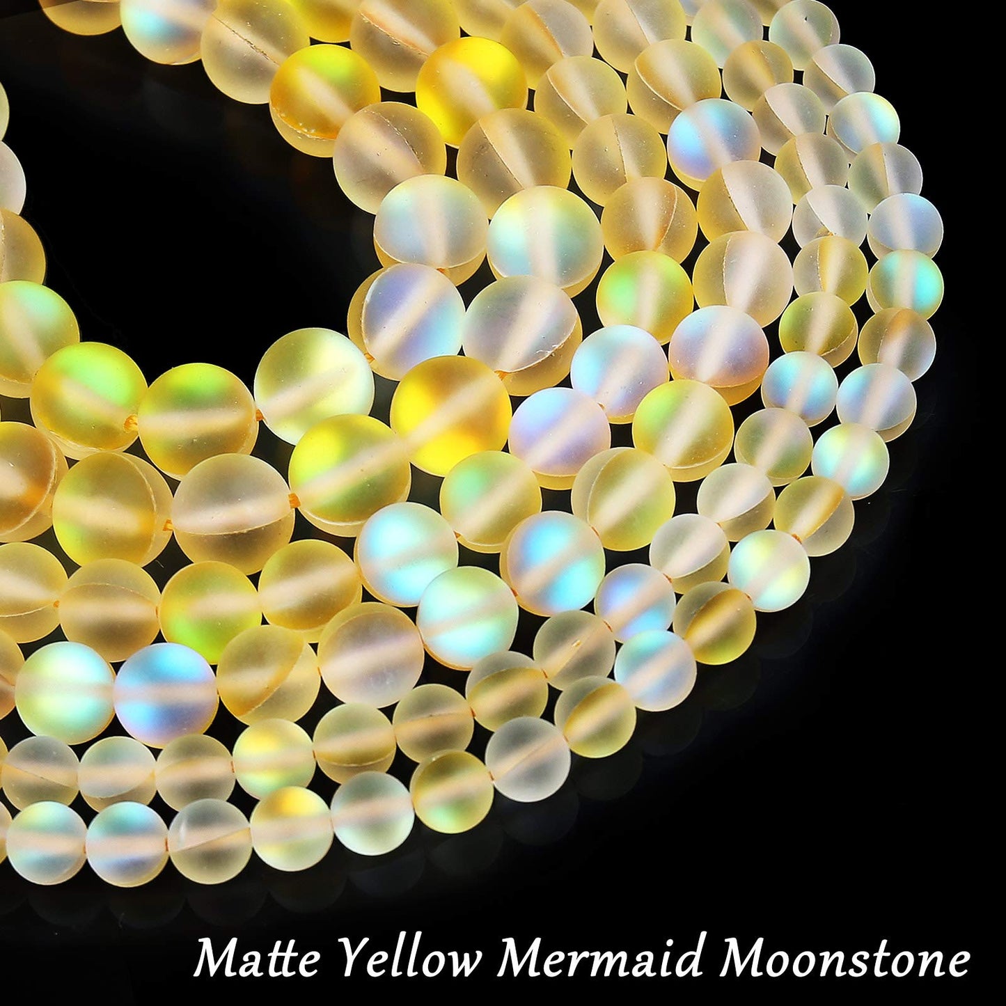 Matte Yellow Aurora Crystal Glass Beads, 10MM Frosted Glitter Shining Mermaid Round Loose Beads, Rainbow Holographic Synthetic Moonstone for Jewelry Making DIY Bracelet