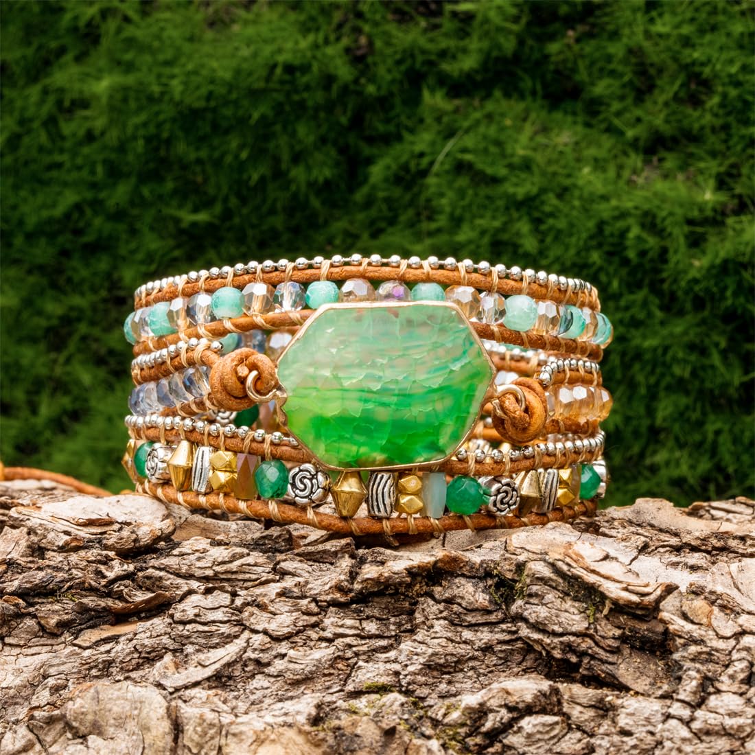 YGLINE Boho 3 Wrap Bead Bracelet Handmade Adjustable Natural Green Agate Stone Crystal Beaded Bracelets Leather Rope Yoga Healing Bracelet Jewelry