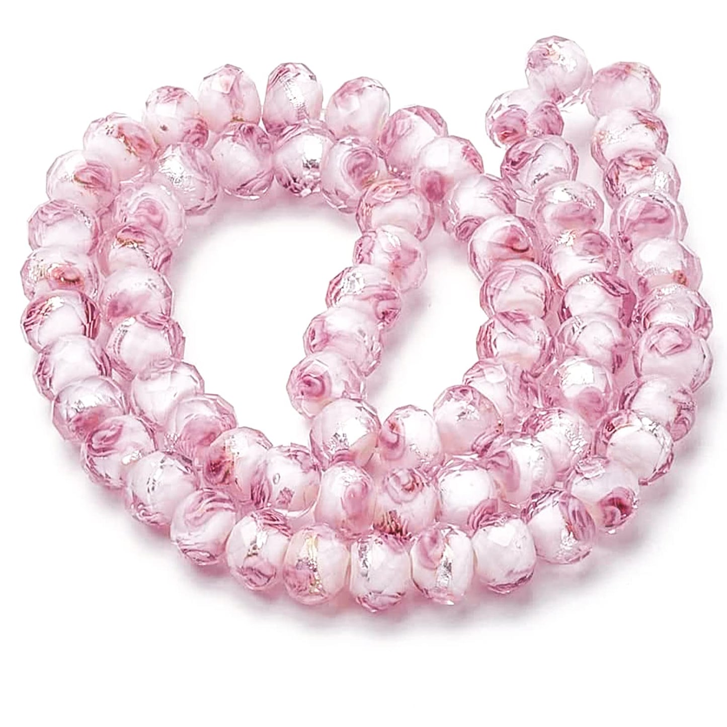 PH PandaHall 70pcs 6~8mm Rose Lampwork Beads Silver Foil Glass Beads Flower Glass Beads Floral Handmade Lampwork Beads Round Loose Beads for Rosary Making Jewelry Craft Making 2mm Hole - Sliver Pink