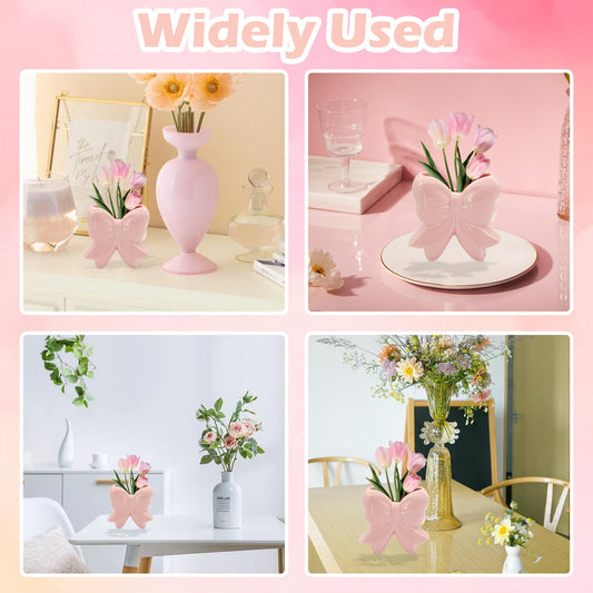 Coquette Vase Bow Ceramic Pen Holder Makeup Brush Holder, Contemporary Design Decorative Women Gifts for Home Office Shelf Table Living Room Classic Pink