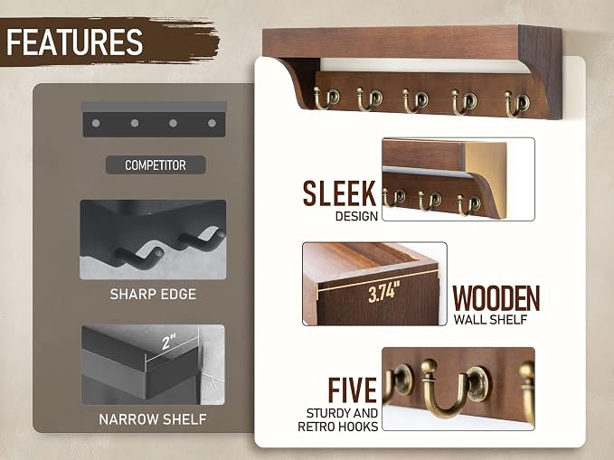 Rebee Vision Farmhouse Key Holder for Wall - Decorative Wooden Mail Organizer with 5 Rustic Key Hooks and Floating Shelf for Home Decor, Hallway, Entryway, Appartment (Retro Brown)