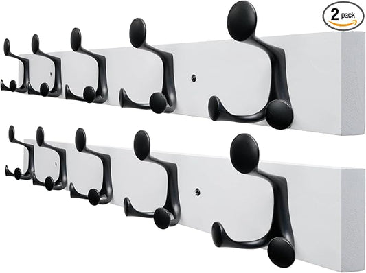 SKOLOO 30-Inch White Wood Coat Rack Wall Mount with 5 Triple Hooks - Ideal for Family Entrances, Classrooms, and Pet Supplies Storage - Perfect Coat Hooks for Wall, Pack of 2
