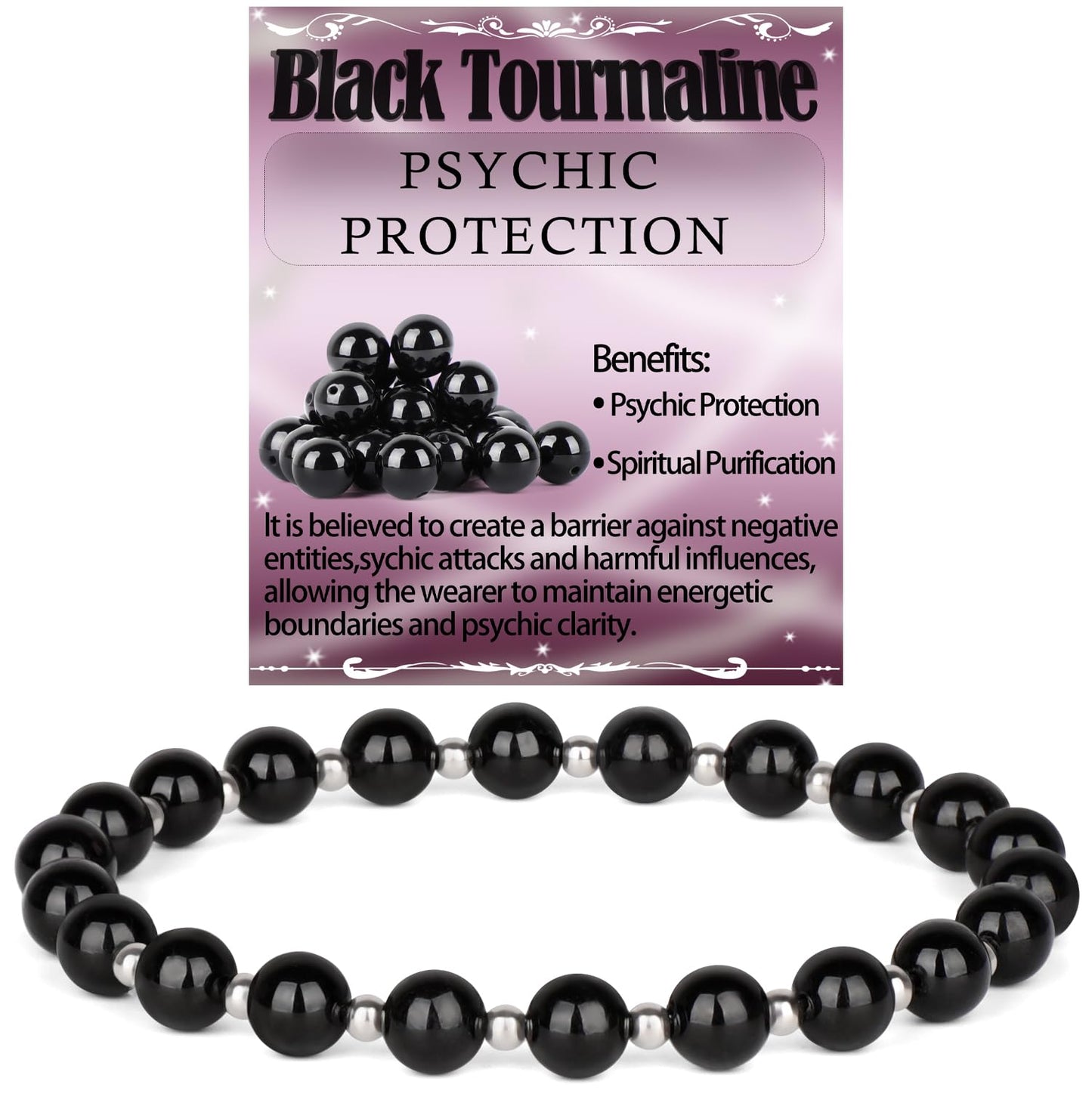 QOGIR Black Tourmaline - Psychic Protection - Stainless Silver Beads Natural Gemstone Stretch Elastic Dainty Healing Beaded Bracelets Gifts 6mm