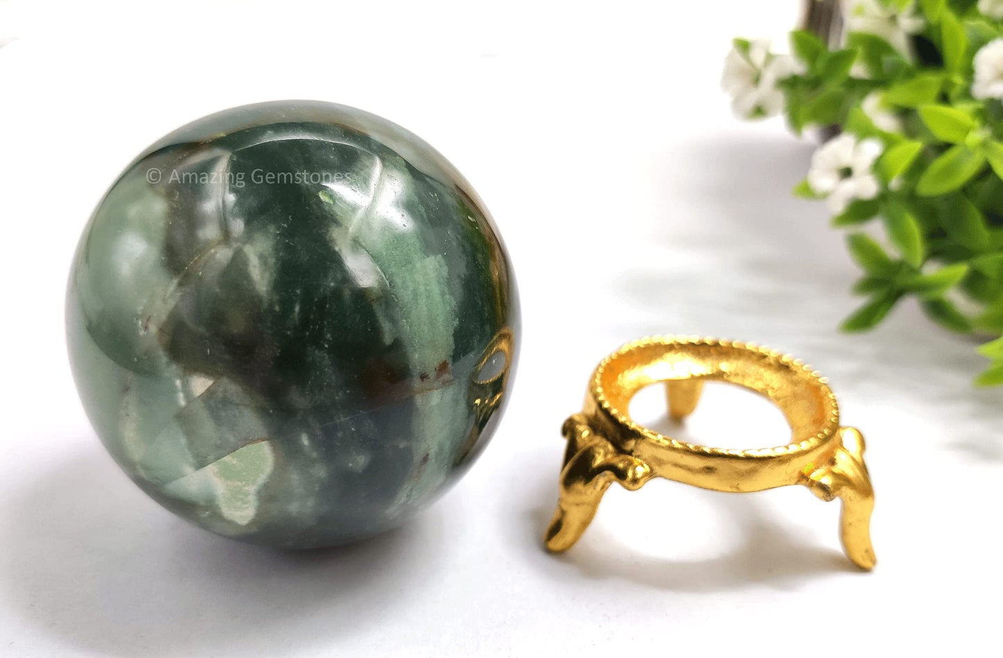Amazing Gemstone Bloodstone Crystal Sphere Round Ball with Sphere Holder Stand, Natural Healing Stone Sphere for Massage Meditation Crystal Grid Witchcraft Supplies Reiki Yoga