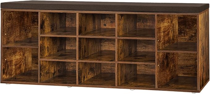 DINZI LVJ Shoe Storage Bench with Cushion, 13-Cubby Shoe Rack, Adjustable Shelves, Multifunctional Shoe Organizer Bench for Entryway, Mudroom, Hallway, Living Room, Bedroom and Garage, Rustic Brown