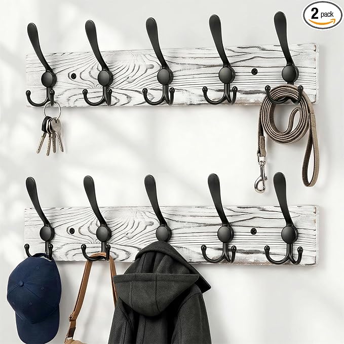 Wooden Coat Rack Wall Mount Heavy Duty, 2 Pack Coat Hanger Wall Mount with 5 Triple Hooks for Clothes, Jacket, Hat, Keys, Space Saving Entryway Organizer for Mudroom (Whte Plate & Black Hooks)