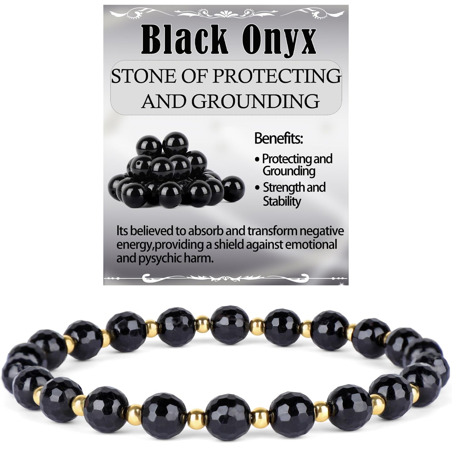 QOGIR Black Onyx - Protecting and Grounding - 14K Gold Plated Beads Natural Gemstone Stretch Elastic Dainty Healing Beaded Bracelets Gifts 6mm