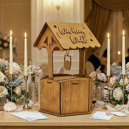 OurWarm Brown Wood Wishing Well Wedding Card Box for Reception, Rustic Wooden Boxes Money Gift Card Box for Party Wedding Decorations Birthday & Baby Shower Decor