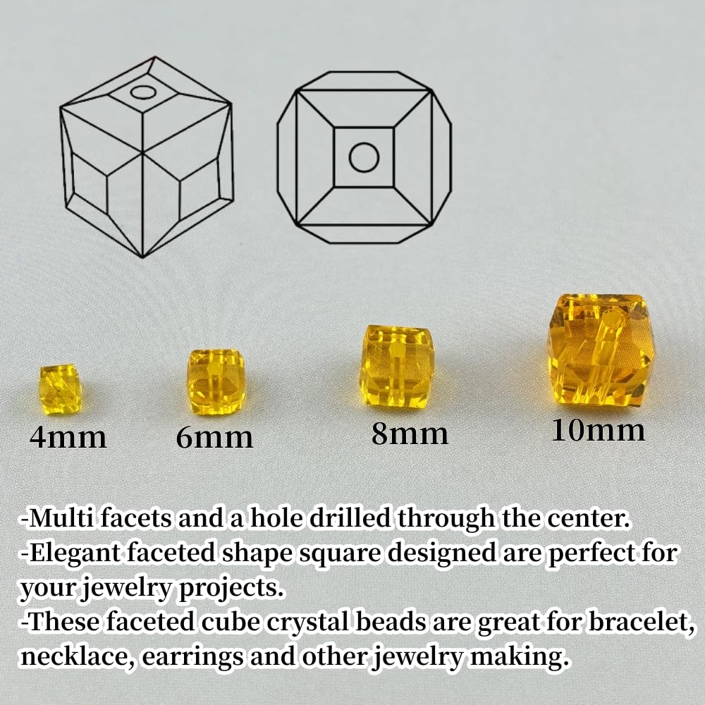 YUEXIGO 40pcs 10mm Cube Crystal Glass Beads for Jewelry Making Faceted Square Crystal Glass Bead Spacer Beads Loose Beads for Bracelet Earring Necklace DIY Craft(Gold Yellow)