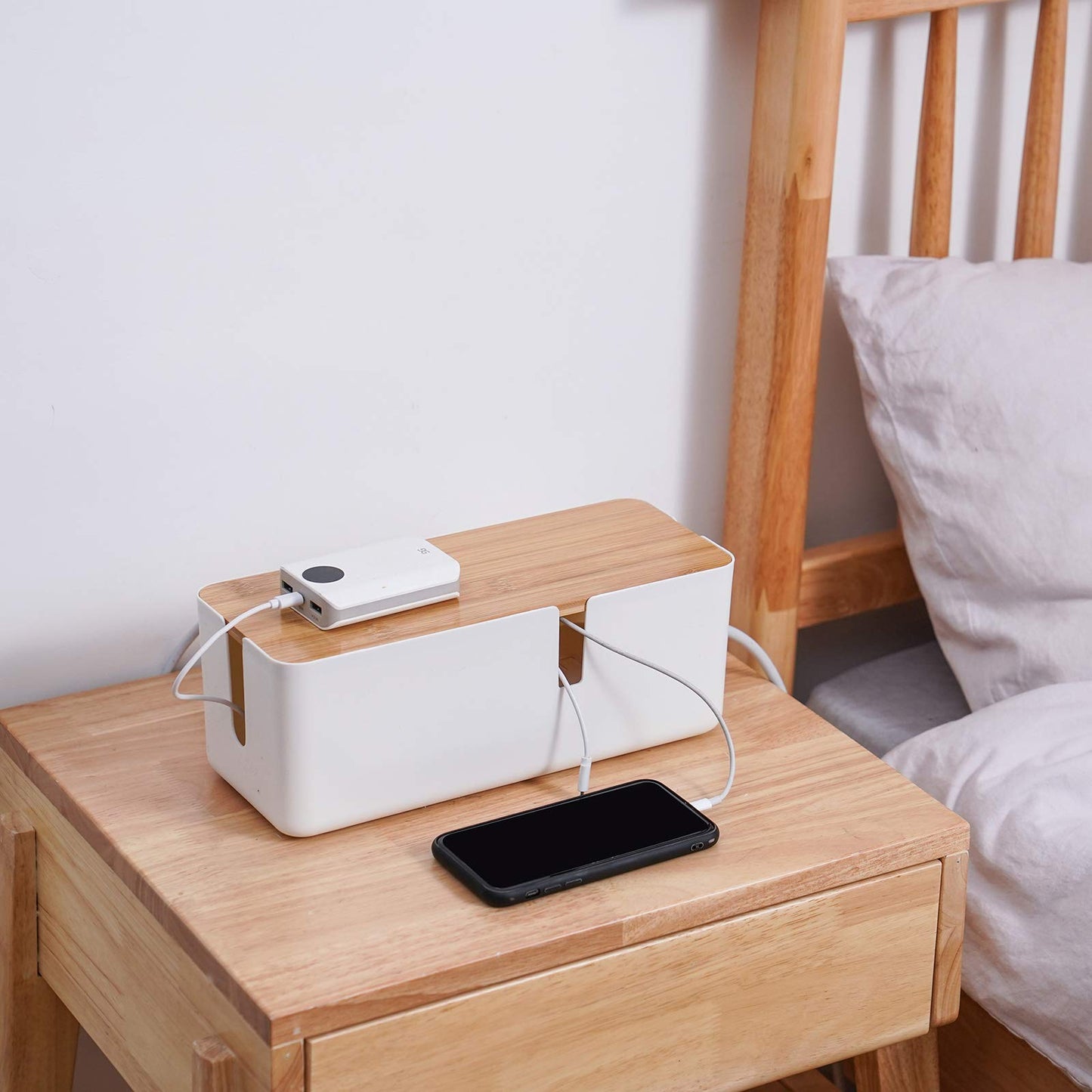 Changsuo Small Cable Management Box with Bamboo Lid for Extension Cord Power Stripe Surge Protector Wire Concealer Organizer Cover Hider (White)