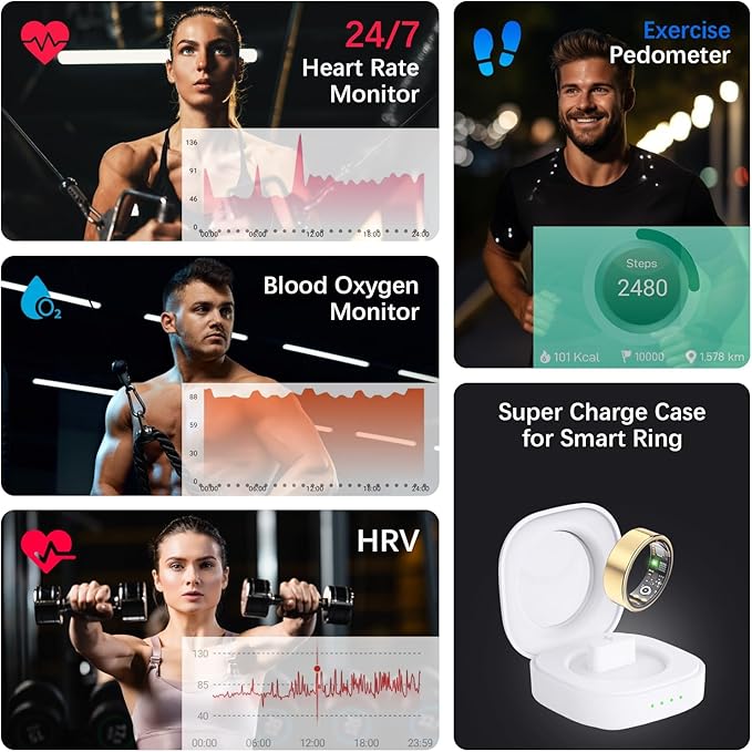 Health Tracker Ring, Smart Health Ring for Women Men with Heart Rate, Blood Oxygen, Sleep Monitor, Steps,Calories, No Subscription Fee, IP68 Waterproof Smart Ring for iPhone & Android (Gold, 12#)