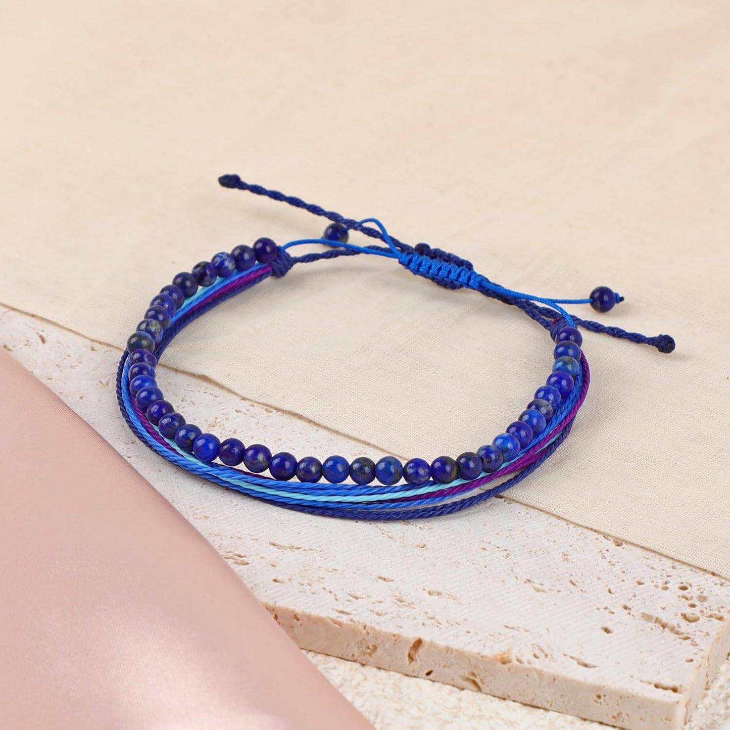 LPBeads 4mm Blue Lapis Bracelet with Handmade Rope Bracelet Size Adjustable Natural Stone Crystal Healing Bracelets Gifts for Unisex Adults
