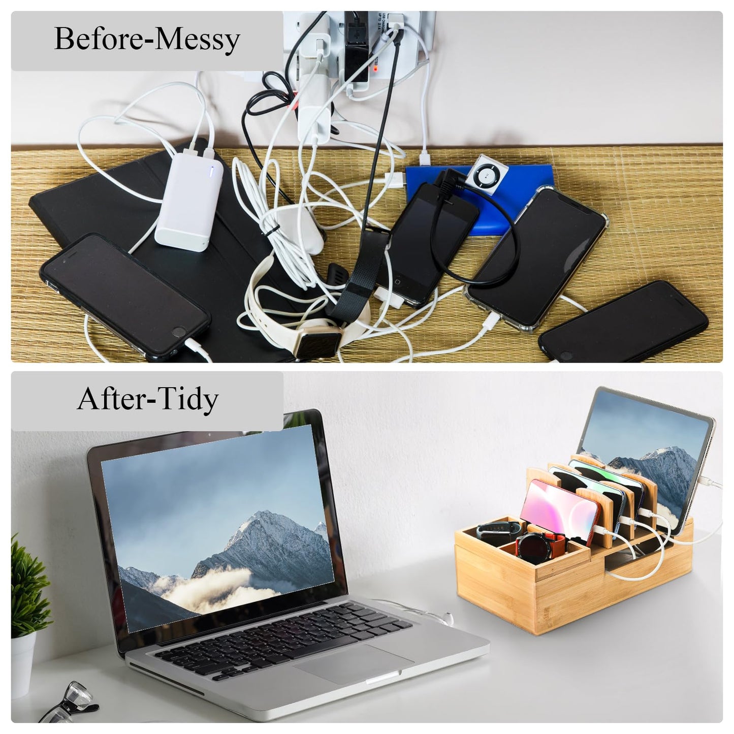 Fasmov Bamboo Charging Station, Charging Stand for Multiple Devices, Electronic Device Desktop Dock Stations Organizer, Cell Phone Docking Stations for Multi Laptop, Tablets, IPads, Watch, Earbuds