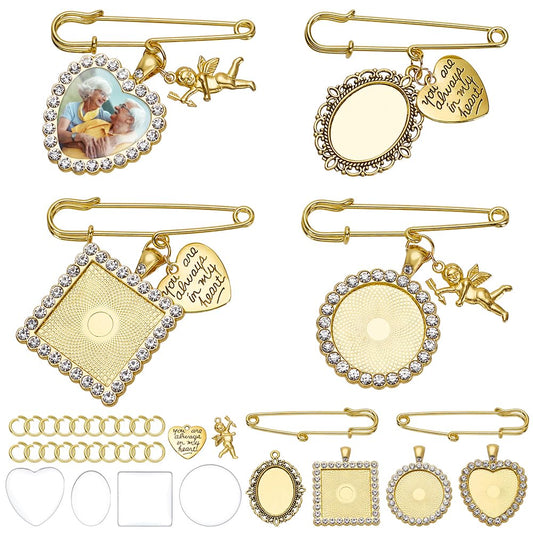 WEBEEDY 94 PCS 16 Sets Wedding Bouquet Photo Charms Gold Rhinestone Pin Brooch Making Kit Heart Oval Round Square Charms with Clear Glass Cabochons You Are Always in My Heart Charm for Wedding Gift