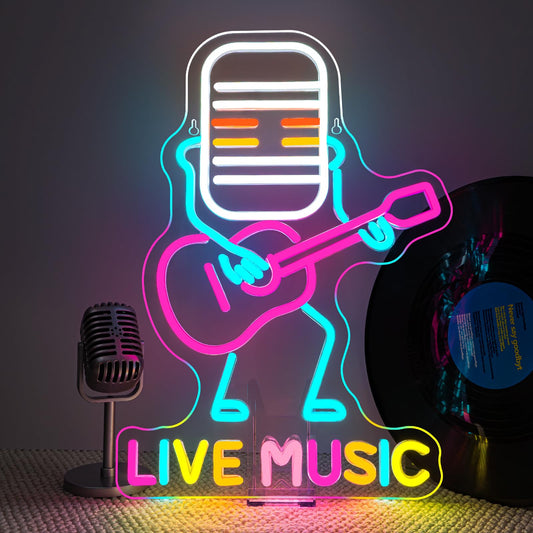 Live Music Neon Sign Guitar LED Neon Light Colorful USB Powered Microphone Wall Music LED Decor for Studio Bar Party Gift for Teens Musicians and Guitar Player
