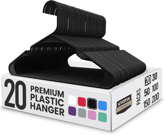 Utopia Home Plastic Hangers 20 Pack - Durable Space-Saving Clothes Hangers - Black Closet Organizers