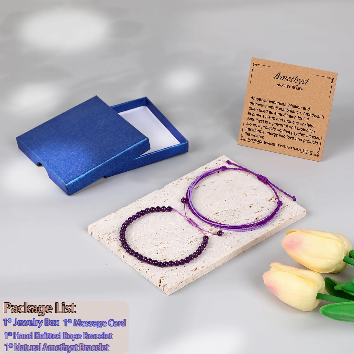 LPBeads 4mm Purple Amethyst Bracelet with Handmade Rope Bracelet Size Adjustable Natural Stone Crystal Healing Bracelets Gifts for Unisex Adults