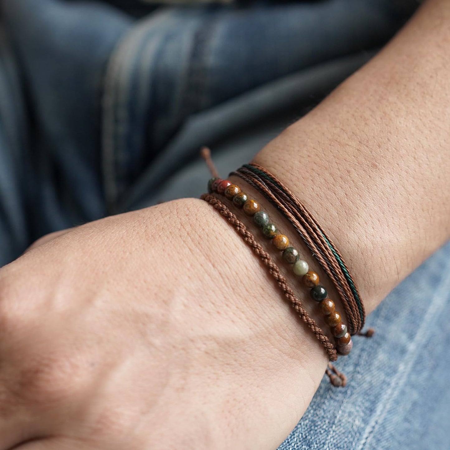 Handmade Natural Stone Beaded Healing Bracelet Gift for Men Adjustable Rope String Bracelet (Ocean Agate, Adjustable)