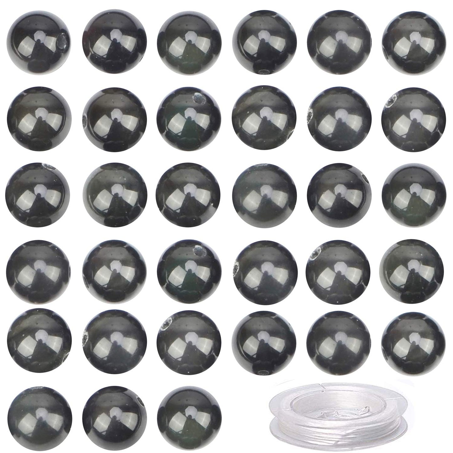 80Pcs Natural Crystal Beads Stone Gemstone Round Loose Energy Healing Beads with Free Crystal Stretch Cord for Jewelry Making (Black Obsidian, 10mm)