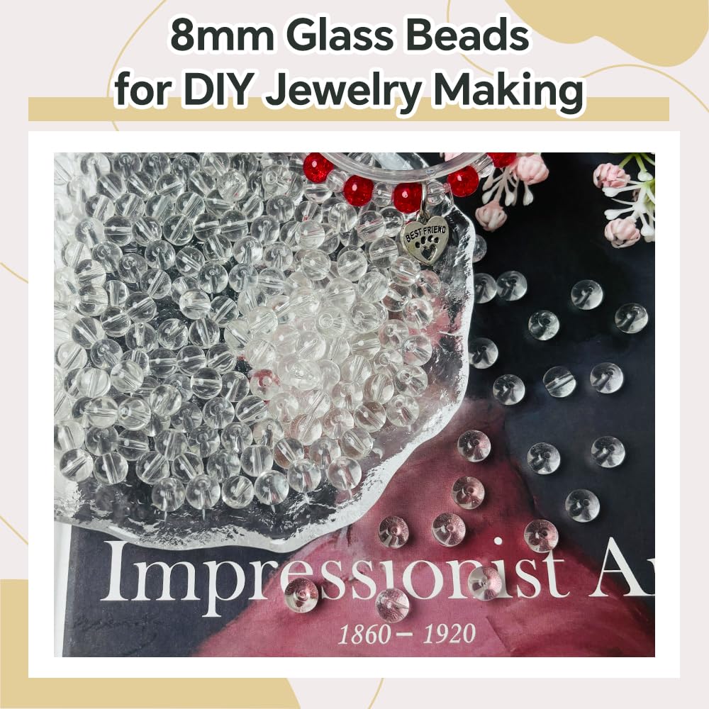 PAMIR TONG 400pcs 8mm Round Glass Beads for Bracelet Pretty Smooth Loose Beads for Necklace-Earring-Jewelry Making and DIY Crafts (Clear White)