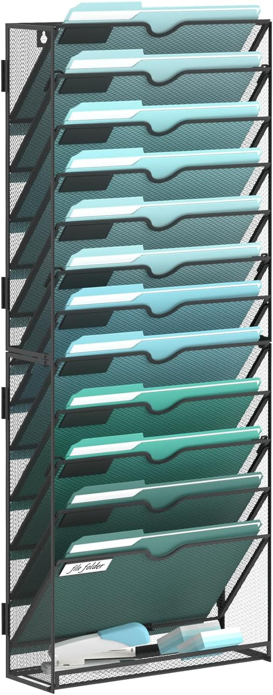 SUPEASY 13-Tier Wall File Organizer, Hanging Wall Files for Papers, Folders, Magazines, Clipboard, Wall Organizer for Office Home School Classroom, Black