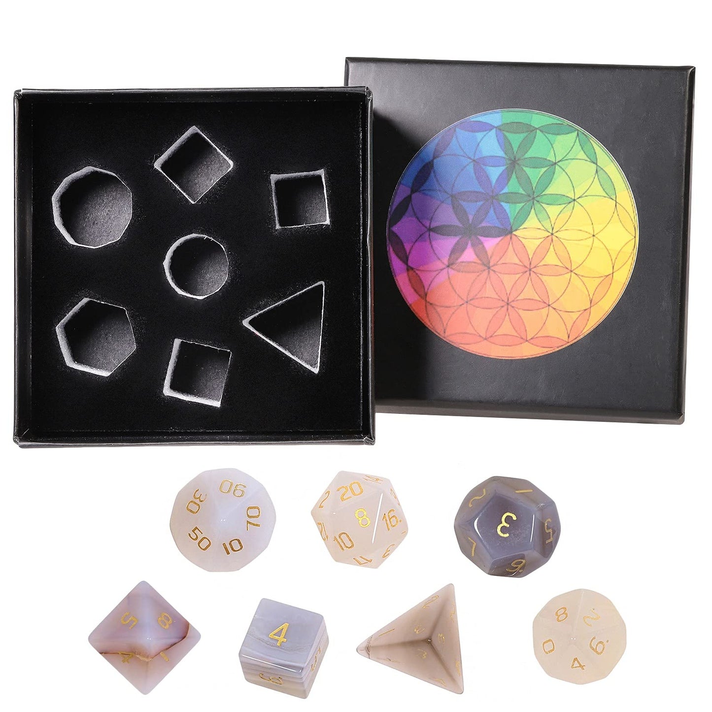 mookaitedecor 7 PCS Grey Agate Crystal Polyhedral DND Dice Set, Polished Tumbled Stones Dices for RPG MTG Table Games Home Decoration