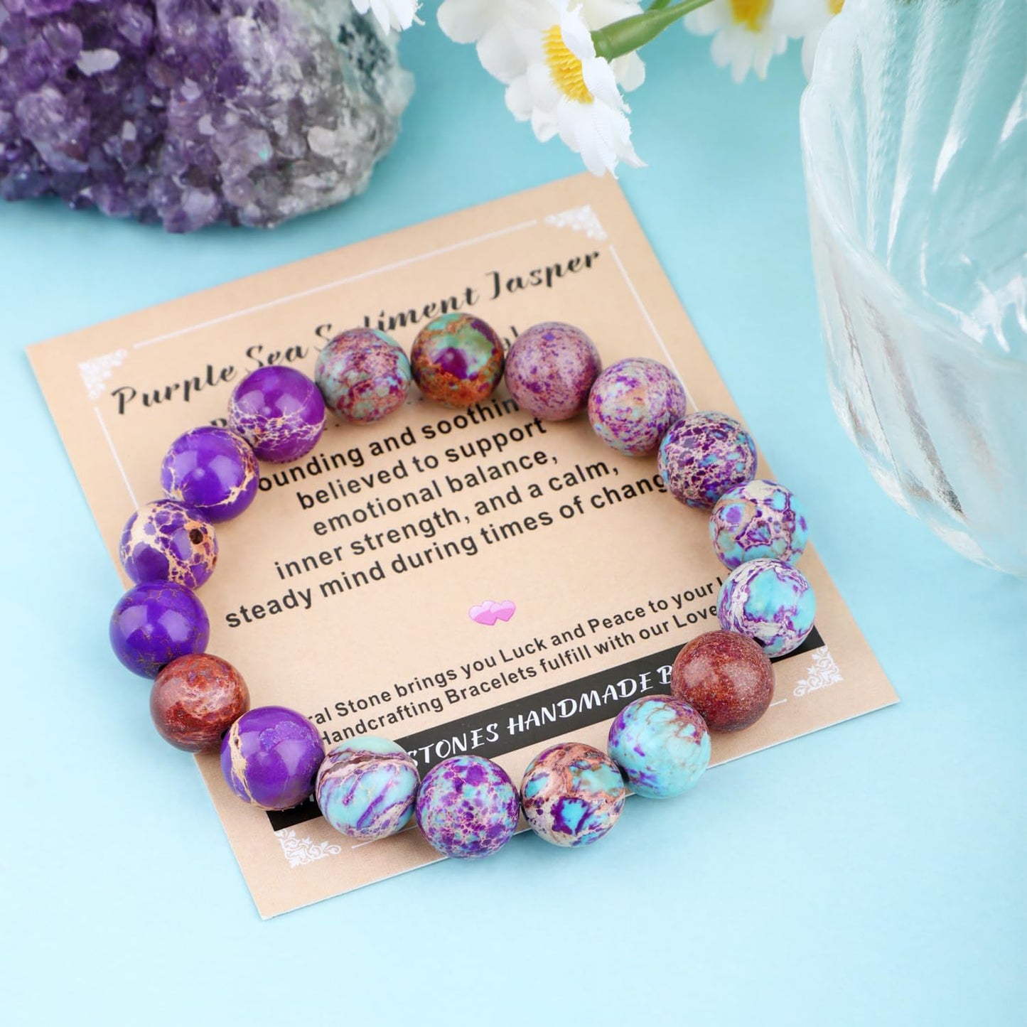 AD Beads 10mm Handmade Purple Sea Sediment Imperial Jasper Elastic Bracelet – Natural Gemstone for Joy & Positivity – Meditation, Yoga, Healing and Energy Gift for Men Women