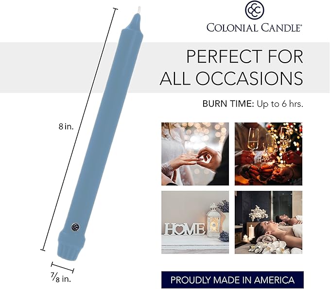 Colonial Candle Unscented Taper Candle, Classic Collection, Wedgewood, 8 in, Pack of 12 - Up to 6 Hours Burn