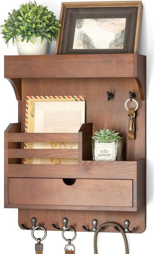 Rebee Vision Farmhouse Key Holder Wall Mount with Drawer Organizer – Pine Wooden Mail and Key Organizer for Wall with 6 Sturdy Hooks & Floating Shelf – Perfect for Retro Living Room Decor (Brown)