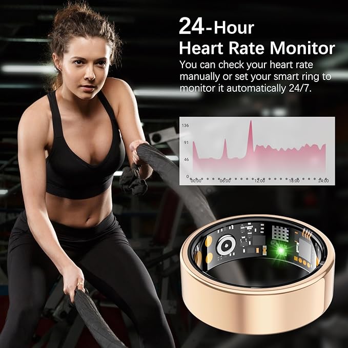 Ring Health Tracker for Women Men, Fit Ring with Heart Rate, Blood Oxygen, Sleep Monitor, Calories, Step Counter, IP68 Waterproof Smart Ring for iPhone & Android, No Subscription Fee (Rose Gold, 12#)