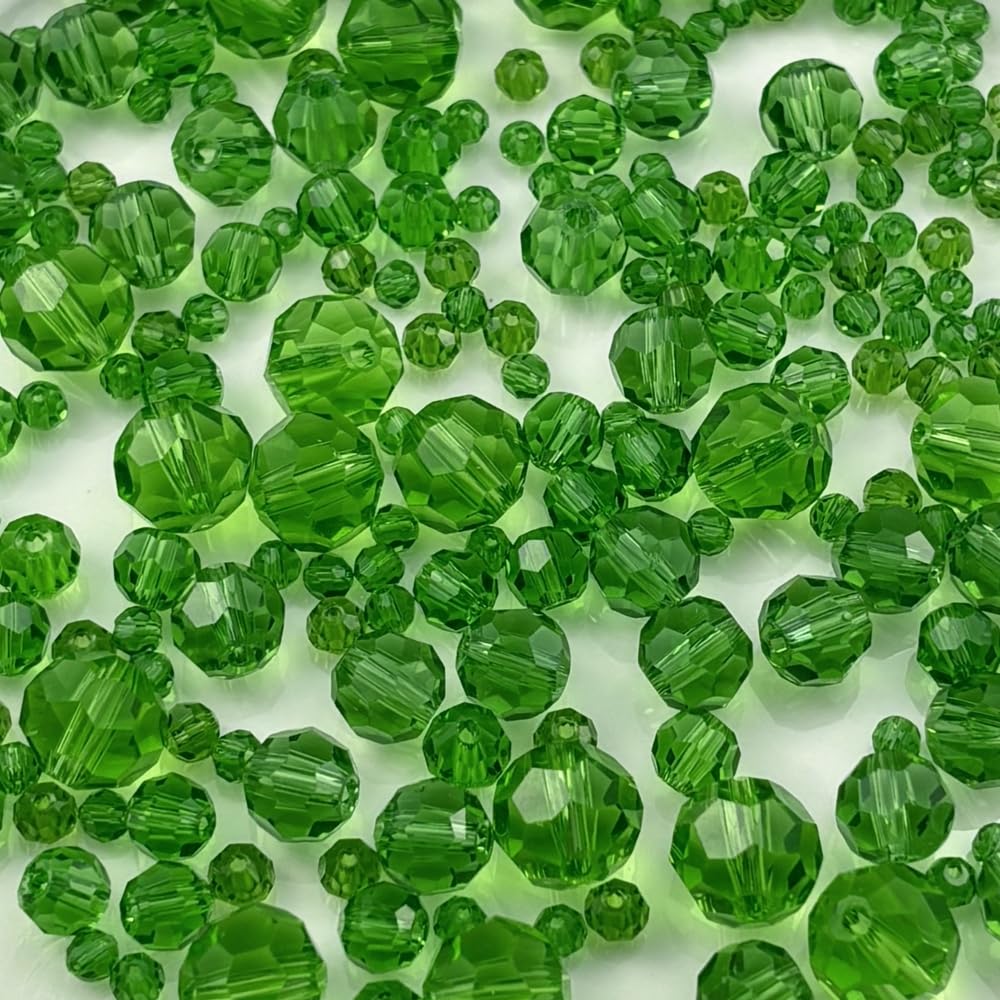 Honkoolly 480pcs Crystal Glass Beads 3mm 4mm 6mm 8mm 10mm Round Faceted Glass Spacer Beads for Bracelets Necklace Earring DIY Jewelry Making Craft(Grass Green)