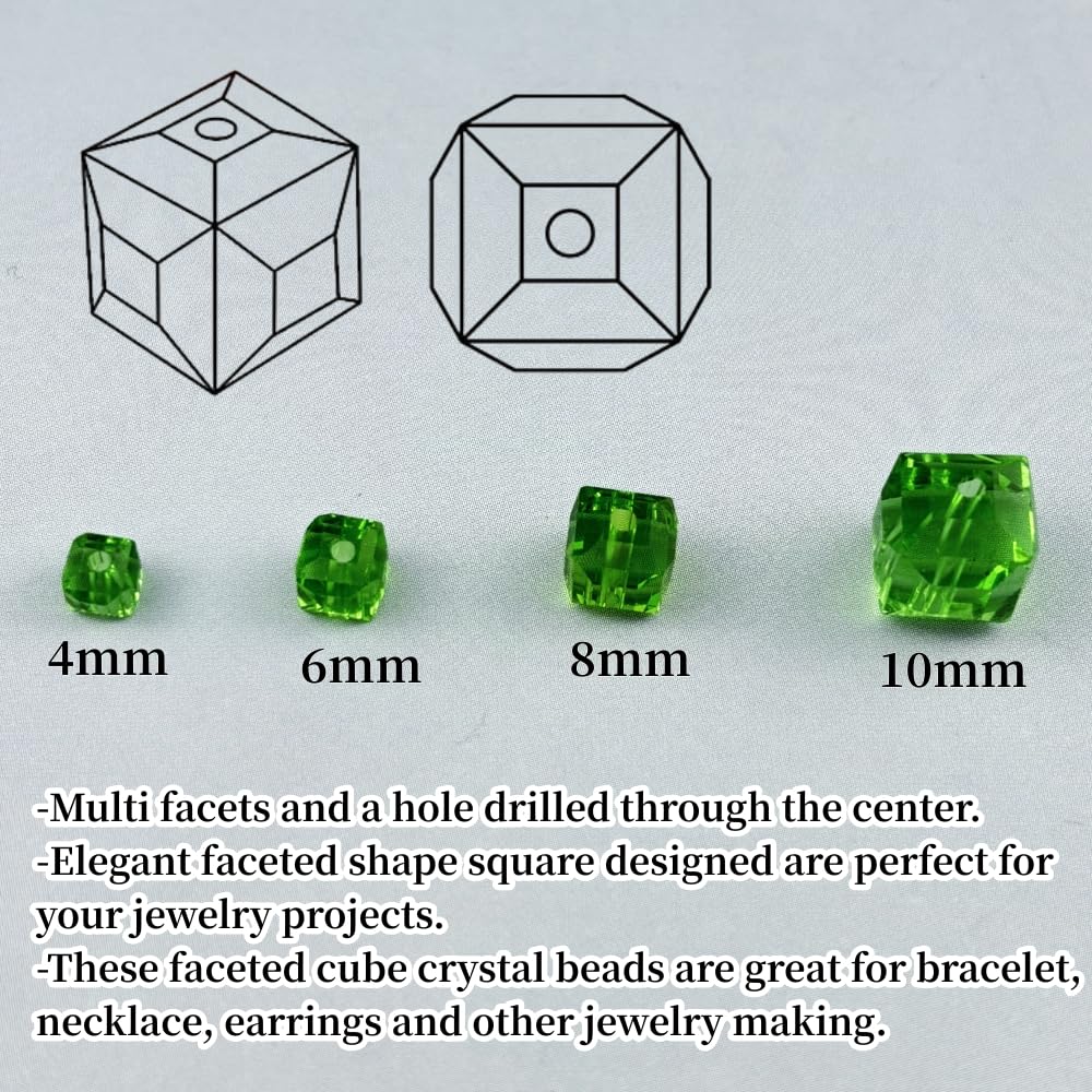 YUEXIGO 100pcs 8mm Cube Crystal Glass Beads for Jewelry Making Faceted Square Crystal Glass Bead Spacer Beads Loose Beads for Bracelet Earring Necklace DIY Craft(Grass Green)
