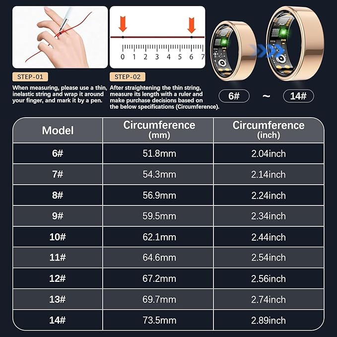 Smart Health Ring for Women Men, Fitness Tracker Ring with Heart Rate, Blood Oxygen, Sleep Tracker, Step Tracker, No Subscription Fee, IP68 Waterproof Smart Ring for iPhone & Android (Rose Gold, 12#)