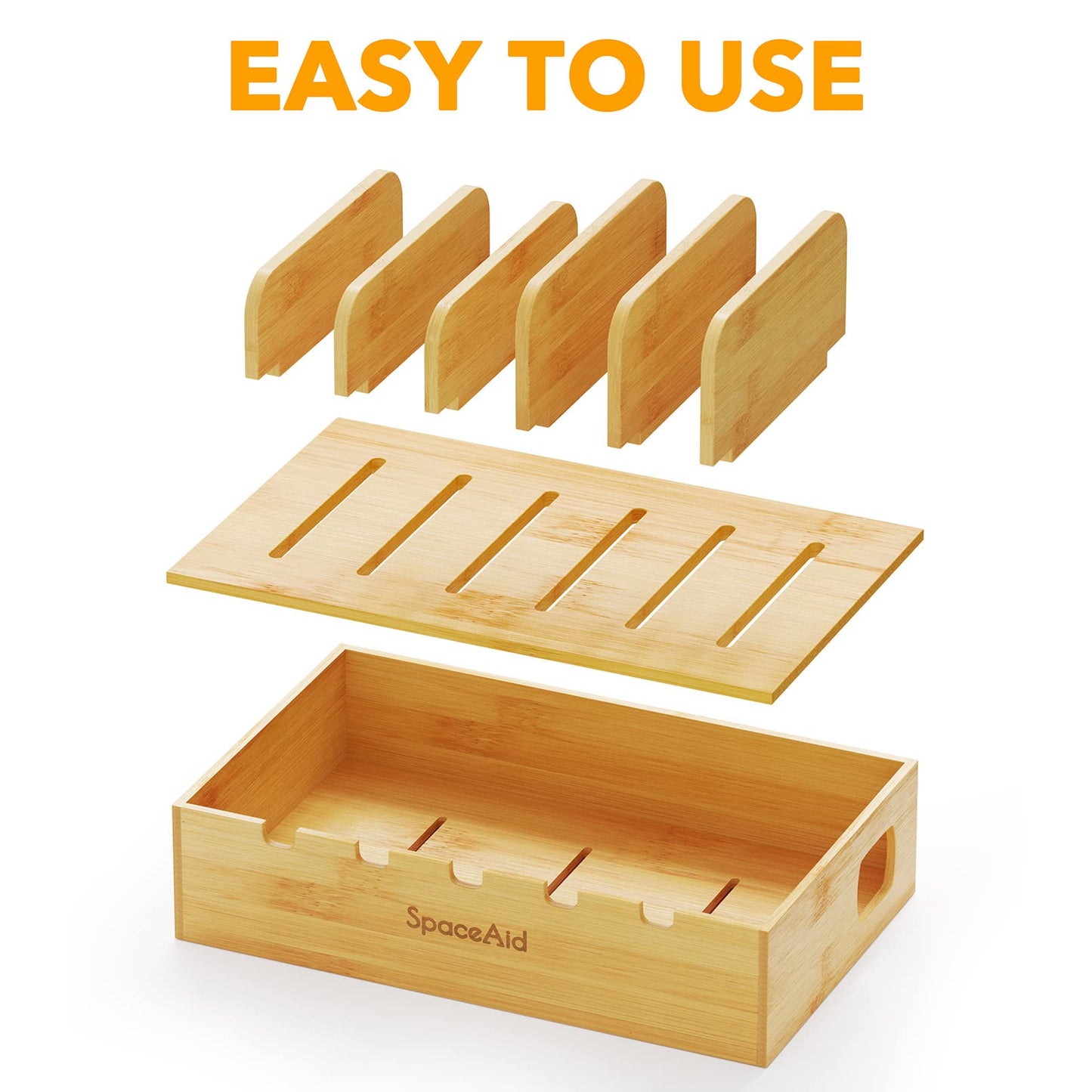 SpaceAid Bamboo Charging Station for Multiple Devices, Cell Phone Docking Stations for Multi Laptop, Tablets and iPads, Nightstand Bedside Desk Device Charger Organizer (Natural)