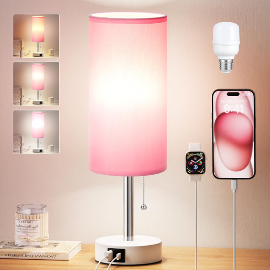 Dicoool Pink Bedside Table Lamp for Bedroom, Small Nightstand Lamp for Girls Kids, 3 Color Temperatures & USB Charging Port, Cute Desk Lamp for Teens Room Decor, Dorm Room Essentials