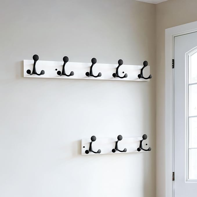 SKOLOO 30-Inch White Wood Coat Rack Wall Mount with 5 Triple Hooks - Ideal for Family Entrances, Classrooms, and Pet Supplies Storage - Perfect Coat Hooks for Wall, Pack of 2