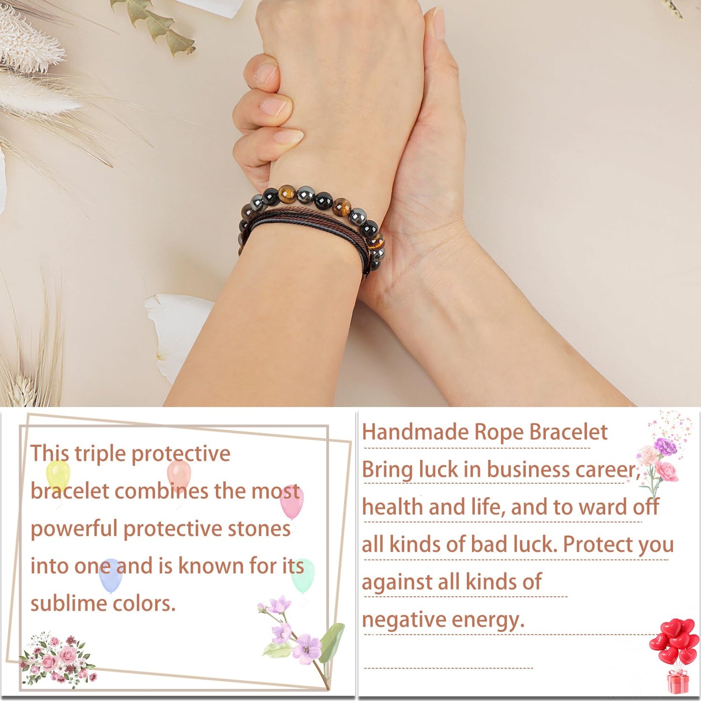 LPBeads 8mm Onyx Tiger's eye Hematite Mixed stone Bracelet with Handmade Rope Bracelet Size Adjustable Natural Stone Crystal Healing Bracelets Gifts for Unisex Adults