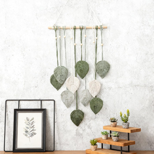ZUDKSUY Boho Wall Hanging Decor, 16" x 35" Woven Leaves Tapestry with Feather & Yarn Tassels, Handmade Macrame Wall Art in Light Green for Living Room Bedroom Nursery