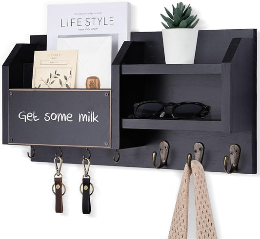 Lwenki Mail and Key Holder – Wall Mount Key Hanger with Shelf and 7 Metal Hooks – Decorative Natural Paulownia Wood Entryway Organizer with Mounting Hardware (16.5”W x 8.7”H x 3.5”D) (Black)